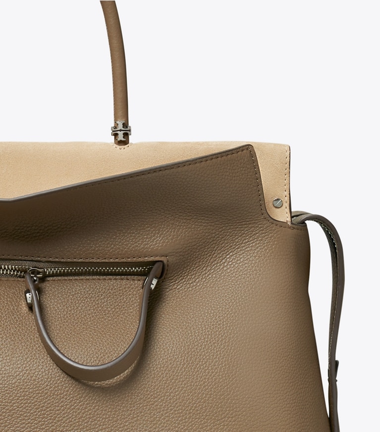 Tory Burch designer サッチェルバッグ マーサー ペブルド ラージサッチェルバッグ in Wild Mushroom angle
