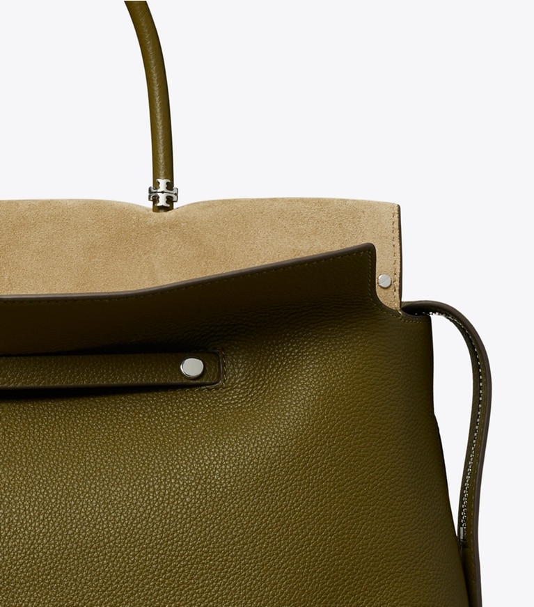 Tory Burch designer satchels Large Mercer Pebbled Satchel in Leccio angle