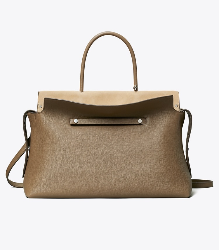 Tory Burch designer サッチェルバッグ マーサー ペブルド ラージサッチェルバッグ in Wild Mushroom front