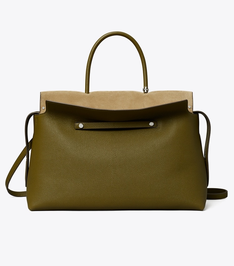 Tory Burch designer satchels Large Mercer Pebbled Satchel in Leccio front