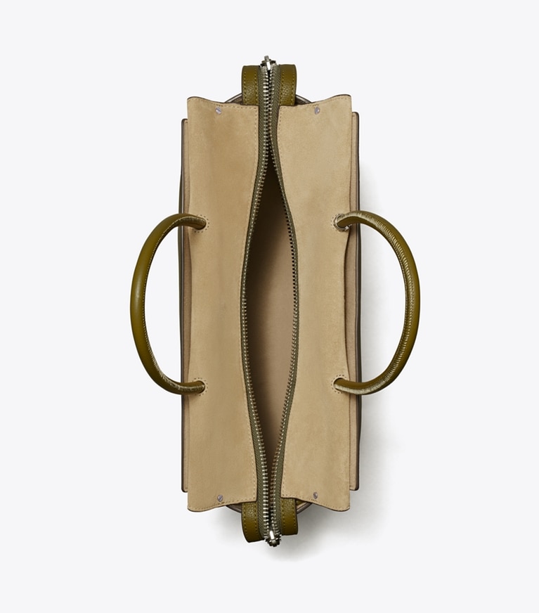 Tory Burch designer satchels Large Mercer Pebbled Satchel in Leccio angle