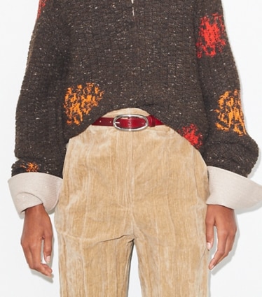 Tory Burch designer belts Large Pierced Buckle Belt in Bricklane accessory on model