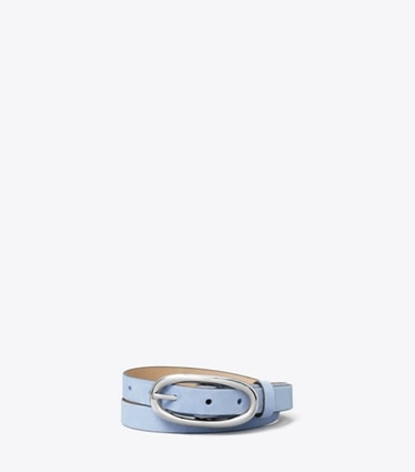 Tory Burch designer belts Large Pierced Suede Buckle Belt in Steel Blue / Silver front