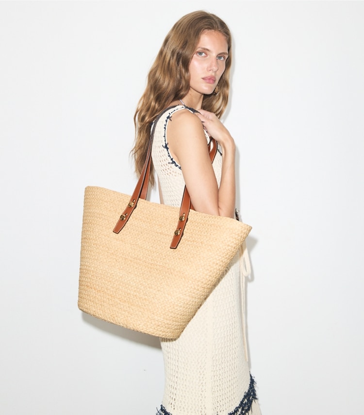 Tory Burch designer tote bags Large Romy Basket Tote in Natural accessory on model