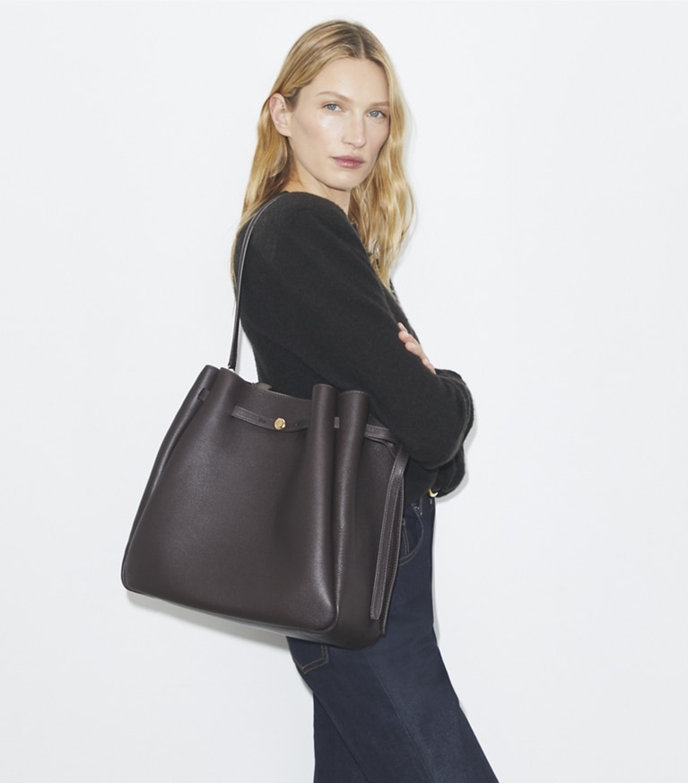 Tory Burch designer shoulder bags Large Romy Bucket Bag in Deep Brown angle