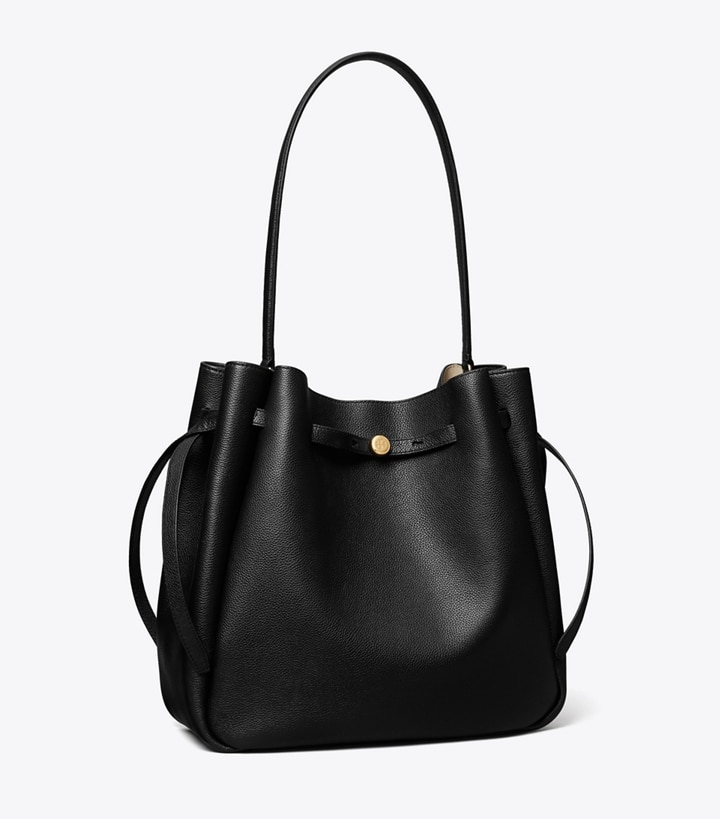 Tory Burch designer shoulder bags Large Romy Bucket Bag in Black angle