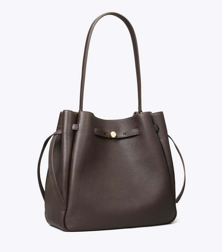 Tory Burch designer shoulder bags Large Romy Bucket Bag in Deep Brown angle
