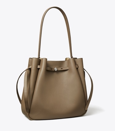 Tory Burch designer ショルダーバッグ ロミー ラージ バケットバッグ in Wild Mushroom angle