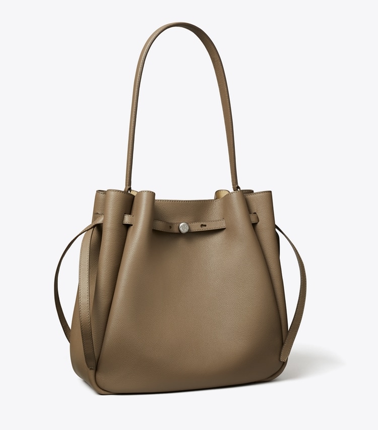 Tory Burch designer ショルダーバッグ ロミー ラージ バケットバッグ in Wild Mushroom angle