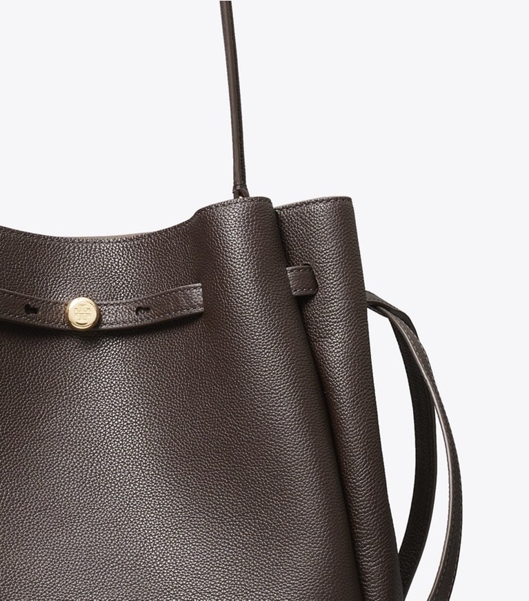 Tory Burch designer shoulder bags Large Romy Bucket Bag in Deep Brown angle