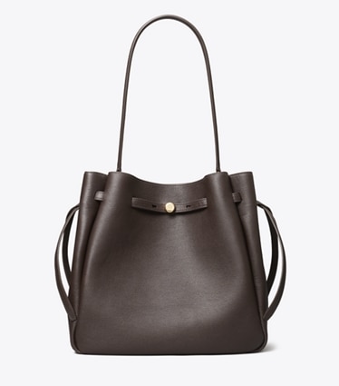 Tory Burch designer shoulder bags Large Romy Bucket Bag in Deep Brown front