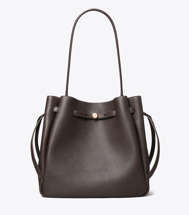 Tory Burch designer shoulder bags Large Romy Bucket Bag in Deep Brown front