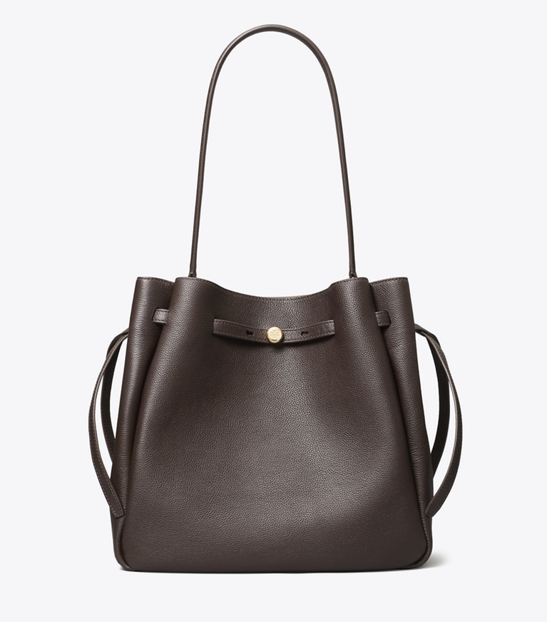 Tory Burch designer shoulder bags Large Romy Bucket Bag in Deep Brown angle