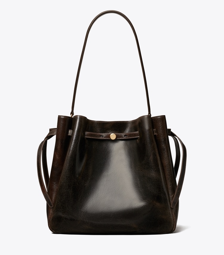 Tory Burch designer ショルダーバッグ ロミー ディストレスト ラージ バケットバッグ in Dark Brown front