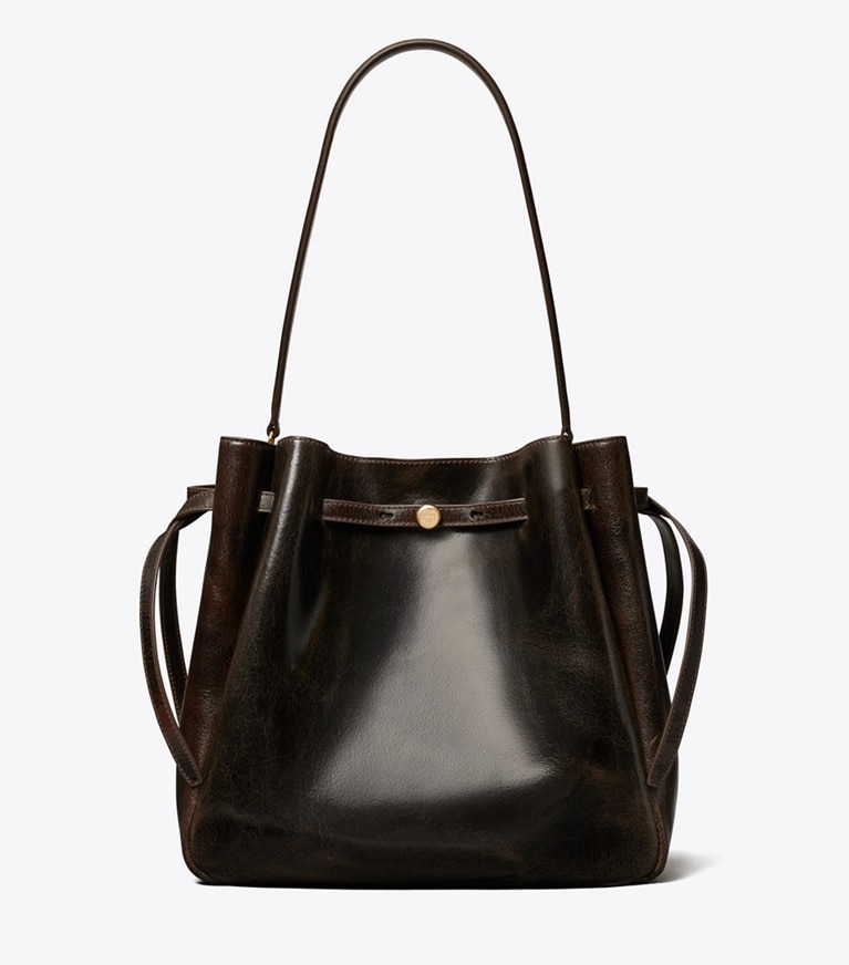 Tory Burch designer ショルダーバッグ ロミー ディストレスト ラージ バケットバッグ in Dark Brown front