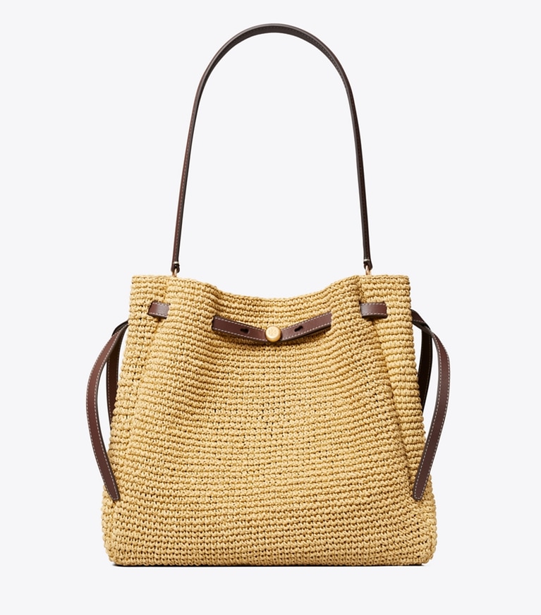 Tory Burch designer shoulder bags Large Romy Straw Bucket Bag in Natural front