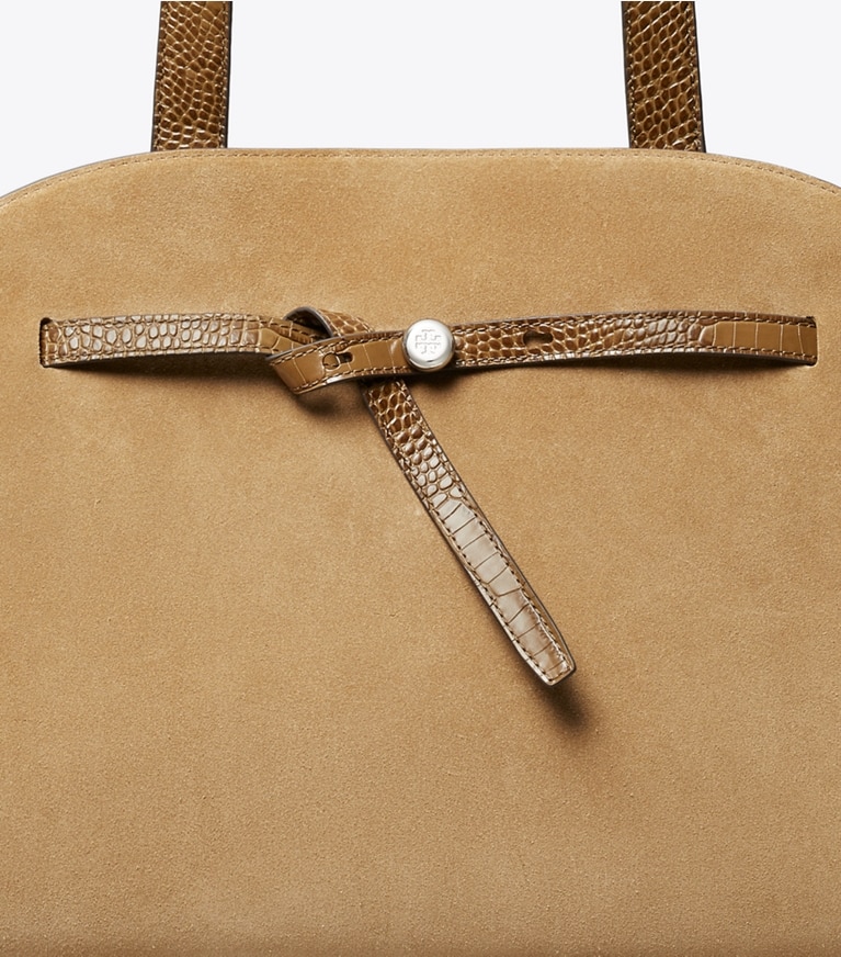 Tory Burch designer satchels Large Romy Suede Bauletto in Stone detail