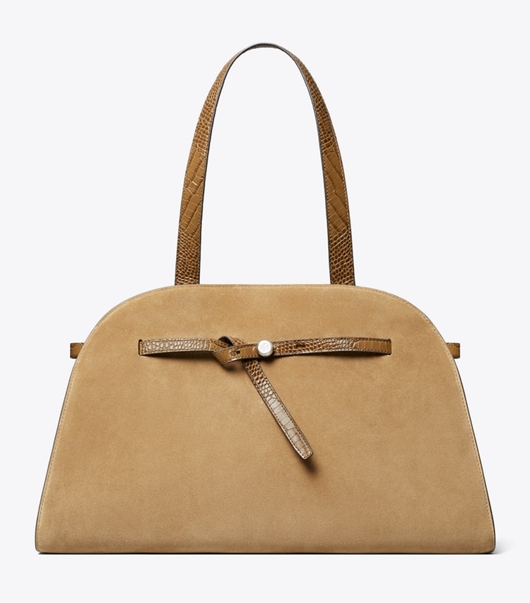Tory Burch designer satchels Large Romy Suede Bauletto in Stone front