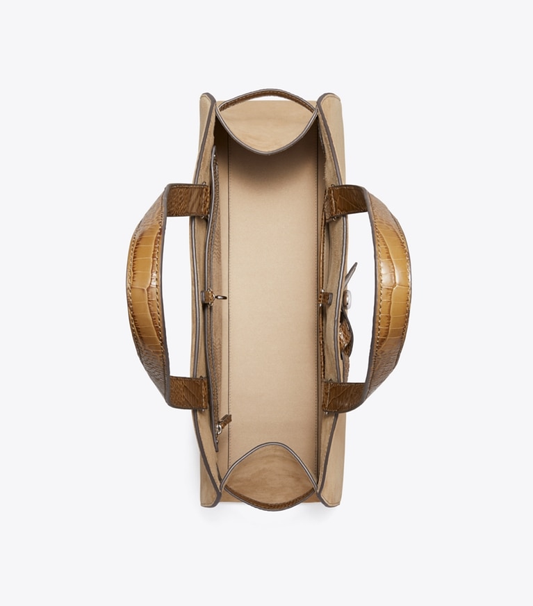Tory Burch designer satchels Large Romy Suede Bauletto in Stone overhead