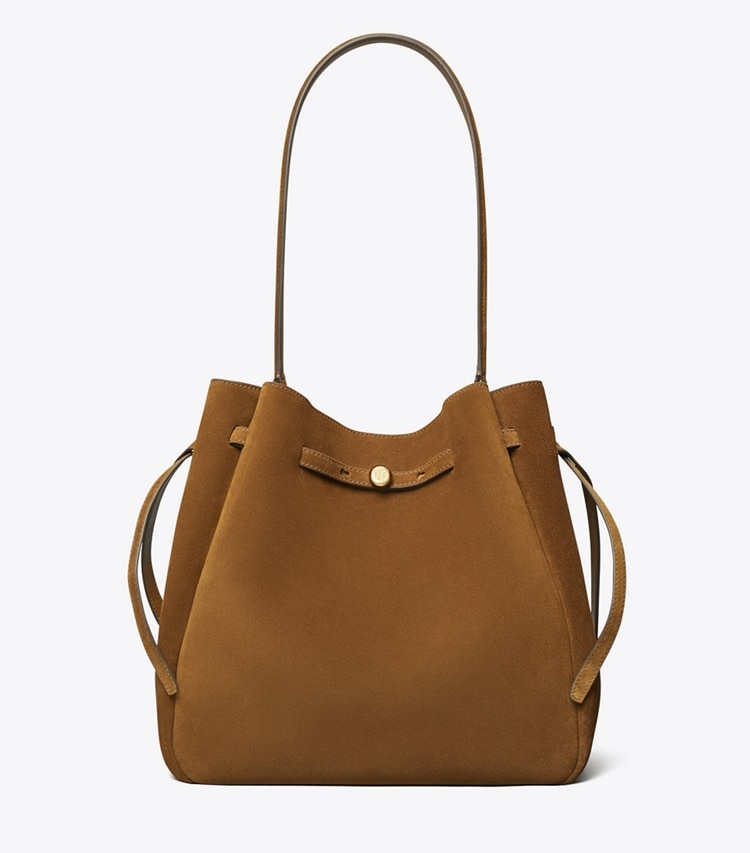 Tory Burch designer sacs porté épaule Large Romy Suede Bucket Bag in Caramel front