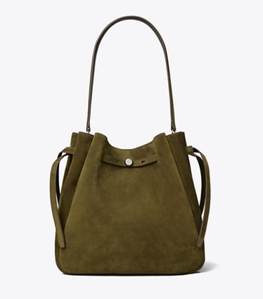 Tory Burch designer shoulder bags Large Romy Suede Bucket Bag in Leccio front