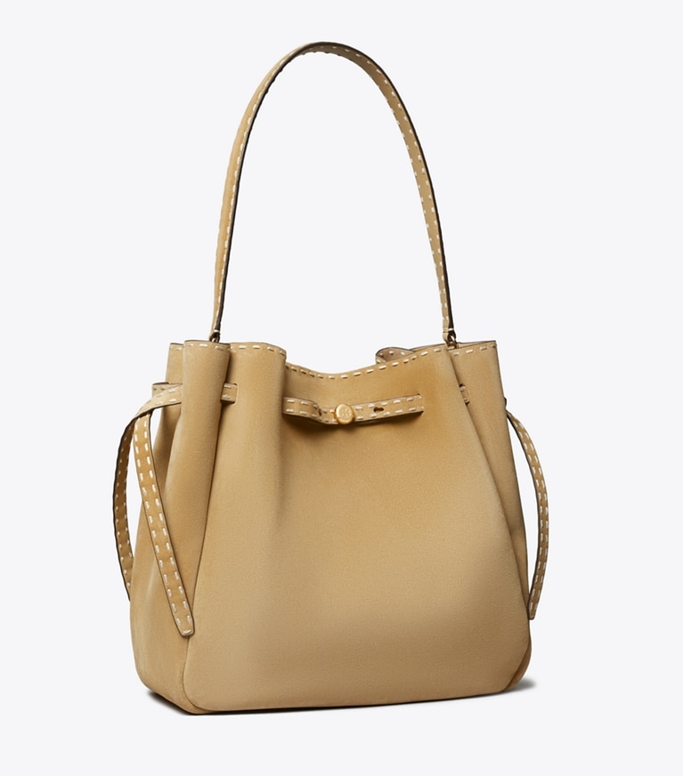 Tory Burch designer shoulder bags Large Romy Suede Pick Stitch Bucket Bag in Butter angle