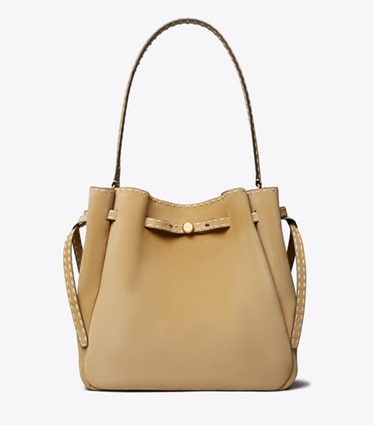 Tory Burch designer shoulder bags Large Romy Suede Pick Stitch Bucket Bag in Butter front