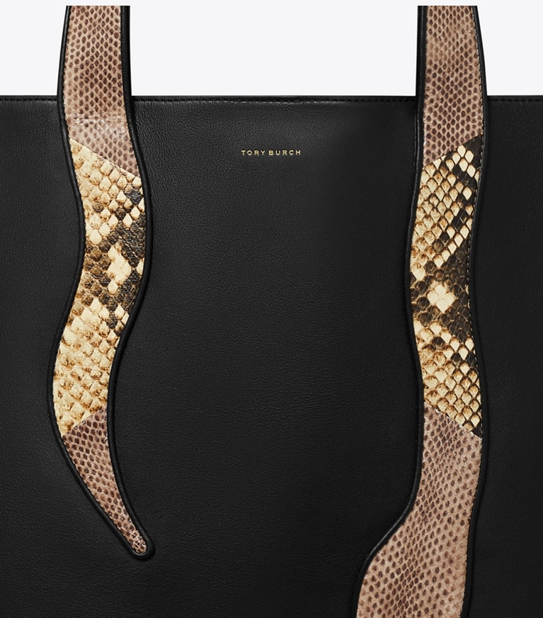 Tory Burch designer tote bags Large Snake Tote in Black angle