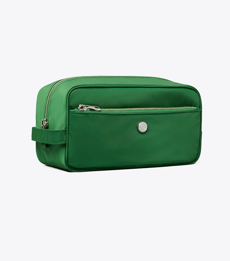 Tory Burch designer cosmetic bags Large Twist Cosmetic Case in Basil angle