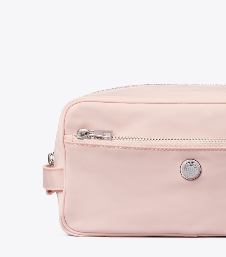 Tory Burch designer cosmetic bags Large Twist Cosmetic Case in Rose Mist detail