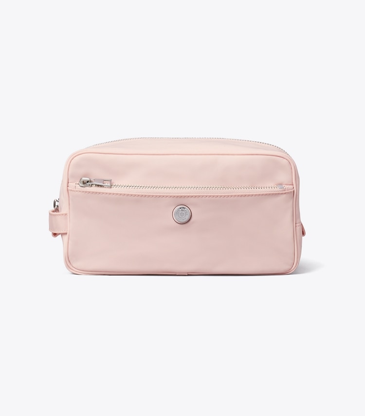 Tory Burch designer cosmetic bags Large Twist Cosmetic Case in Rose Mist front