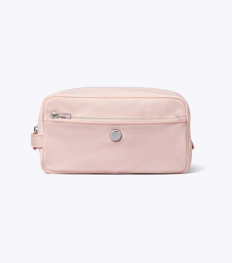 Tory Burch designer cosmetic bags Large Twist Cosmetic Case in Rose Mist front