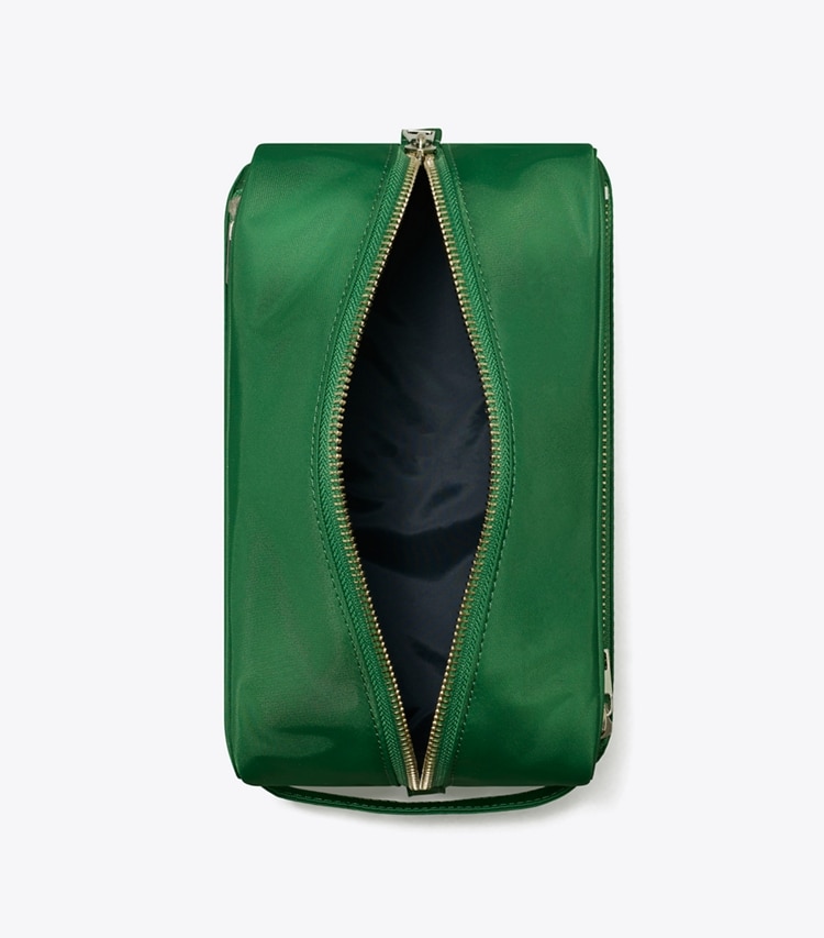 Tory Burch designer cosmetic bags Large Twist Cosmetic Case in Basil overhead