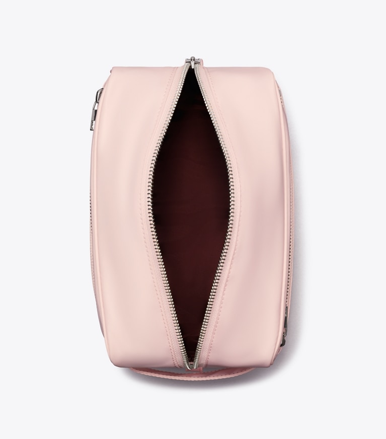 Tory Burch designer cosmetic bags Large Twist Cosmetic Case in Rose Mist overhead