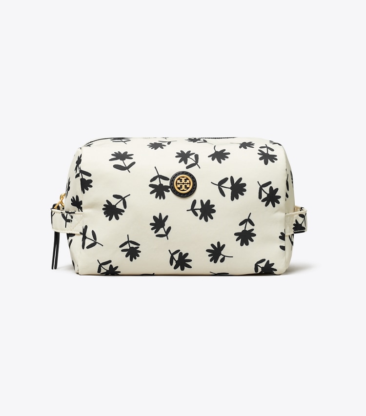Tory Burch designer cosmetic bags Large Virginia Printed Cosmetic Case in Black Multi Scatter Daisy front