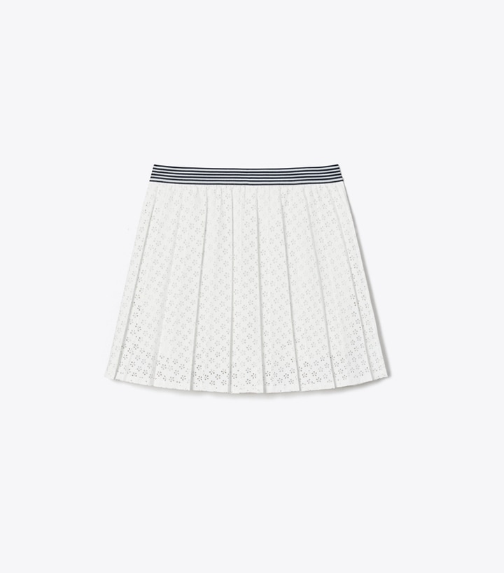 Tory Sport designer bottoms Laser Cut Tennis Skirt in Snow White front