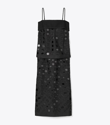 Tory Burch designer dresses Layered Hand-Done Mirrorwork Dress in Black front