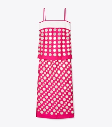 Tory Burch designer dresses Layered Hand-Done Mirrorwork Dress in Bold Pink front