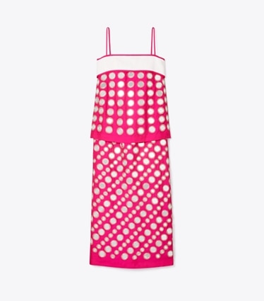 Tory Burch designer dresses Layered Hand-Done Mirrorwork Dress in Bold Pink front