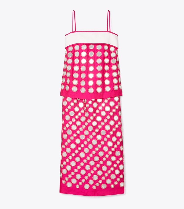 Tory Burch designer dresses Layered Hand-Done Mirrorwork Dress in Bold Pink front