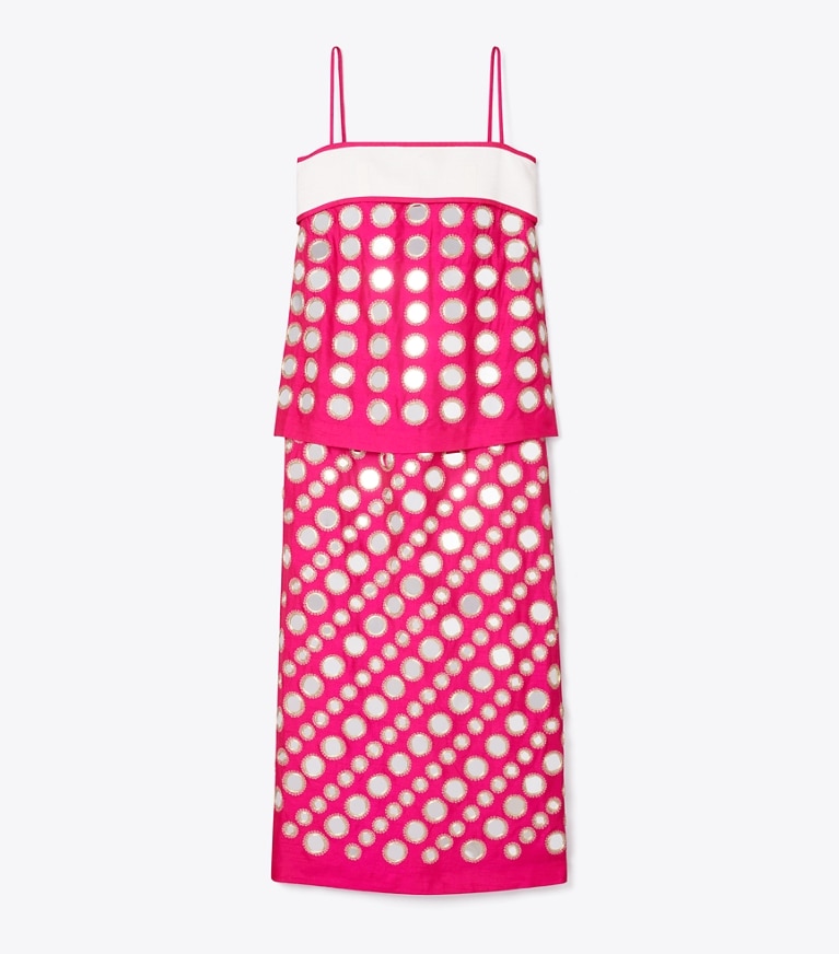 Tory Burch designer dresses Layered Hand-Done Mirrorwork Dress in Bold Pink front