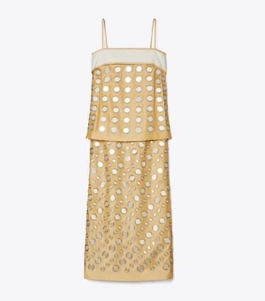 Tory Burch designer dresses Layered Hand-Done Mirrorwork Dress in Soft Wheat front