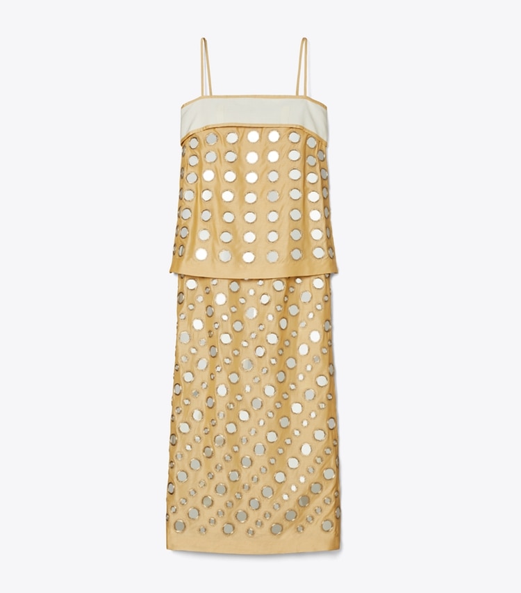 Tory Burch designer dresses Layered Hand-Done Mirrorwork Dress in Soft Wheat front