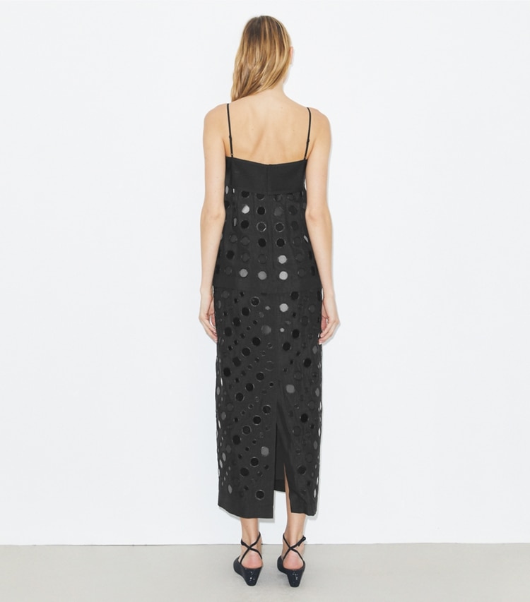 Tory Burch designer dresses Layered Hand-Done Mirrorwork Dress in Black on model back