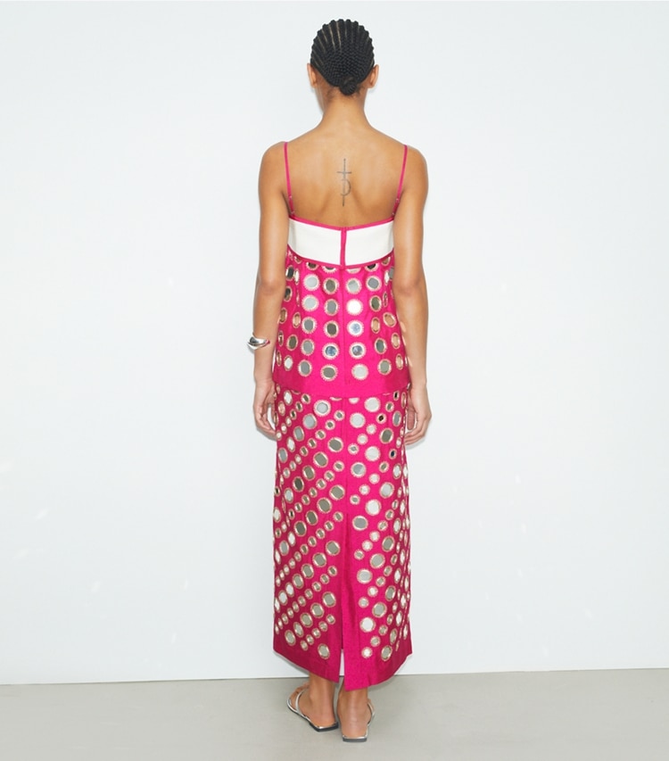 Tory Burch designer dresses Layered Hand-Done Mirrorwork Dress in Bold Pink on model back