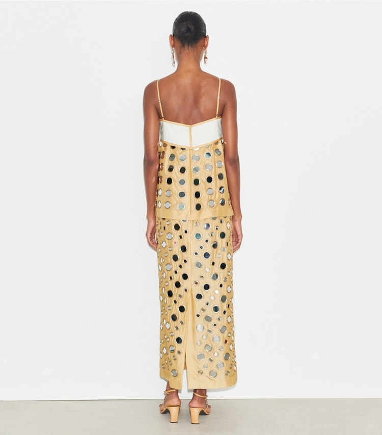 Tory Burch designer dresses Layered Hand-Done Mirrorwork Dress in Soft Wheat on model back