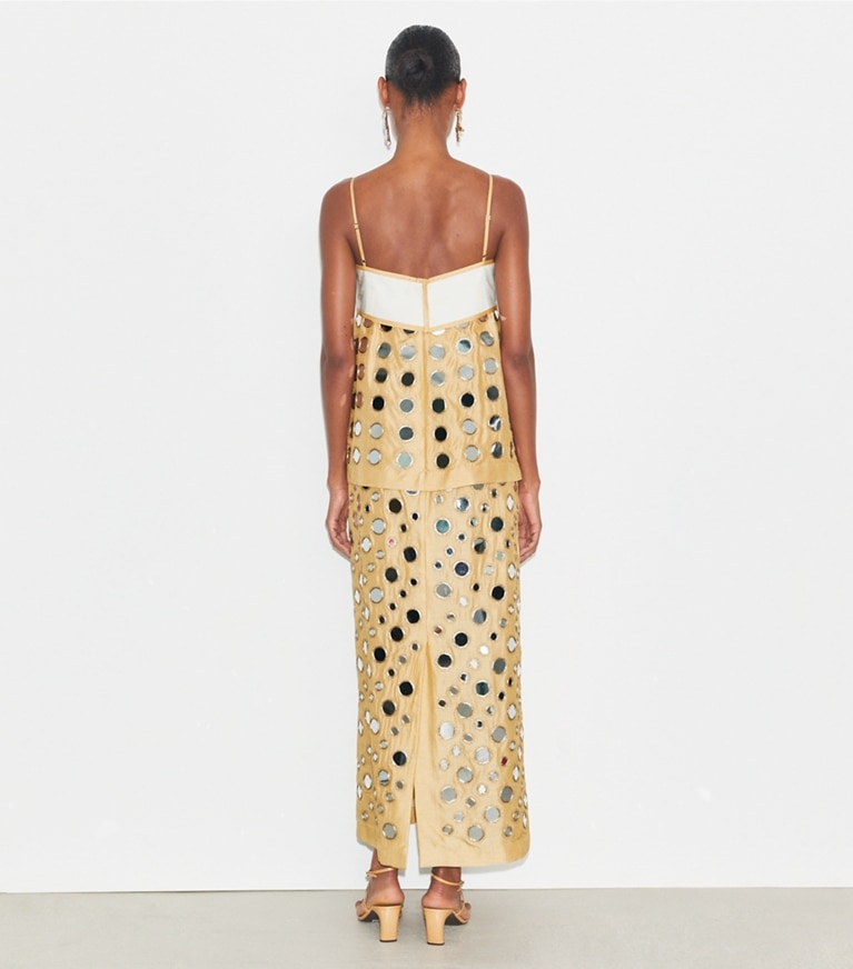 Tory Burch designer dresses Layered Hand-Done Mirrorwork Dress in Soft Wheat front