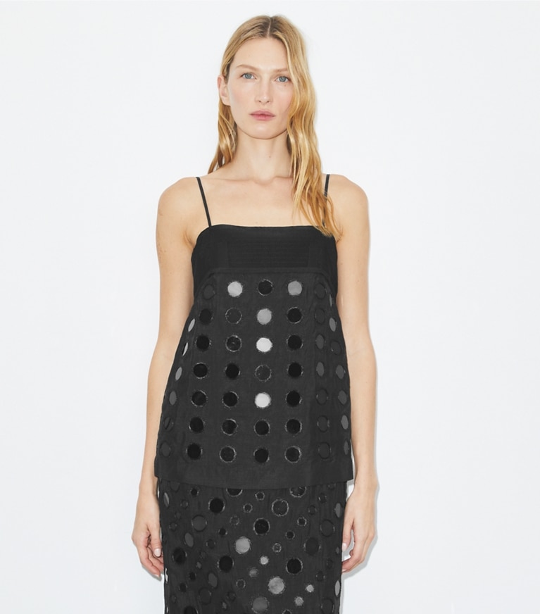 Tory Burch designer dresses Layered Hand-Done Mirrorwork Dress in Black front