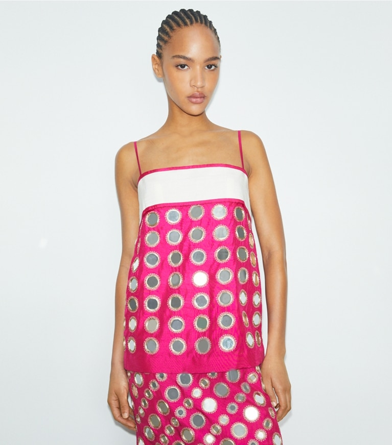 Tory Burch designer dresses Layered Hand-Done Mirrorwork Dress in Bold Pink front