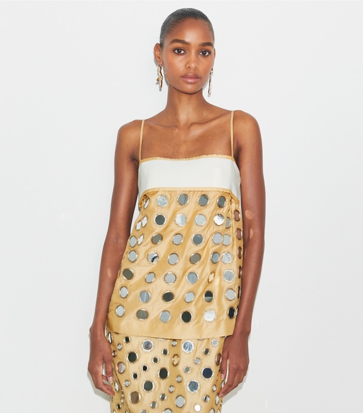 Tory Burch designer dresses Layered Hand-Done Mirrorwork Dress in Soft Wheat on model detail